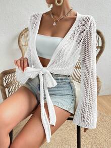SHEIN Swim 女款素色長袖鏤空和服式罩衫 - 白色 - 查看 7