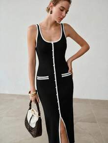 MOTF PREMIUM SPRING/SUMMER CONTRAST BINDING SPLIT HEM SLIM FIT SWEATER DRESS - Black - View 4