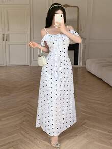 Celisse Polka Dot Ruffle Collar 3D Flower French Elegant Romantic Women's Long Dress Vacation White And Black Summer - White - View 4