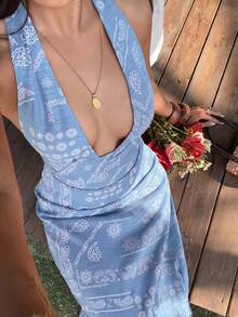Sunnyshic Robe longue ajustée et amincissante pour femmes, motif cachemire rouge, dos nu, col en V profond, col licou, taille nouée, style vintage européen & américain pour plage et vacances - Bleu ciel - Voir 4
