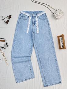 SHEIN Tall Tall Summer Fashion Washed Denim Mid-Rise Wide Leg Pants - Light Wash - View 1