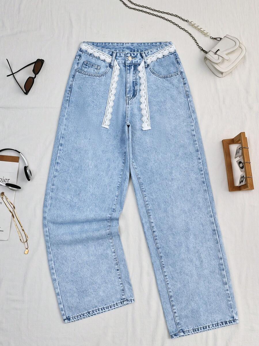 SHEIN Tall Tall Summer Fashion Washed Denim Mid-Rise Wide Leg Pants - Light Wash - View 1