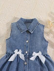Young Girls Summer New Denim Sleeveless Dress, Dark Wash Blue, White Bow Decor, Button-Down Design, Collar, A-Line Skirt, Squishy Soft Skin-Friendly Cotton Fabric, Vintage Style, Summer Outfit For Beach Vacation, Beach, Weekend, Island Style, Brunch, Date - Light Wash - View 5
