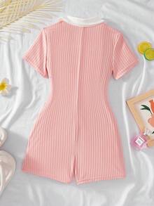 SHEIN 青少年女孩粉色拼色拼接翻領短連身褲，休閒校園風，開學季日常穿搭 - 粉色 - 查看 2