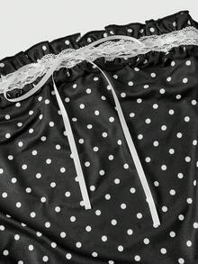 Sweetness Women's Cute Sweet Ruffled Polka Dot Print Contrast Color Lace Bow Bandeau Top Party Night Black And White Polka Dot Summer - Black - View 3