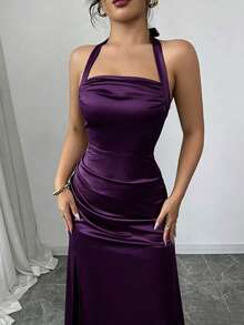 SHEIN Raffinéa 優雅香檳色貼身細肩帶彈性緞面下擺側開衩洋裝 - Bold Plum - 查看 6
