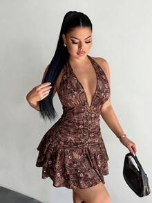 SHEIN SXY 女款掛脖全印花百褶時尚約會派對迷你洋裝 - 棕色 - 查看 4