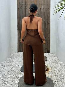 Dazy Plus Solid Color Fun Commuter Set, Mock Neck Tie Back Sleeveless Top, Long Loose Casual Maxi Skirt, Plus Size Women's Spring Summer Brown 2-Piece Set - Brown - View 8