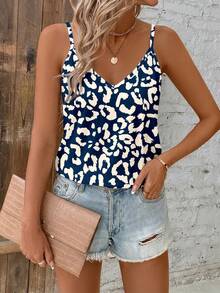 SHEIN Clasi Casual Minimalist Deep Blue Background Apricot Leopard Print All-Over Pattern V-Neck Loose Camisole Suitable For Summer Versatile Style Tank Top - Multicolor - View 4