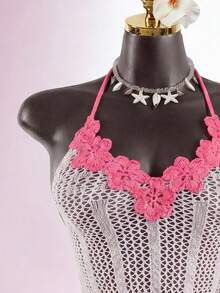 SaltGleam SaltGleam Ensemble 2 pièces sexy sexy tricot ajouré avec top camisole floral 3D et pantalon - Rose bonbon - Voir 3