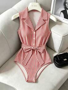 SHEIN Franclia Women's French Elegant Knit, Blue And White Striped, POLO Collar, Button-Up And Tie Design, Elegant Women's Bodysuit, Summer Women's Bodysuit, Summer Outfit, Beach Outfit, Beach Bodysuit, Outing Bodysuit, Women's Vacation Outfit, Vacation Bodysuit, Women's Casual Bodysuit, Summer Women's Bodysuit - Red - View 1