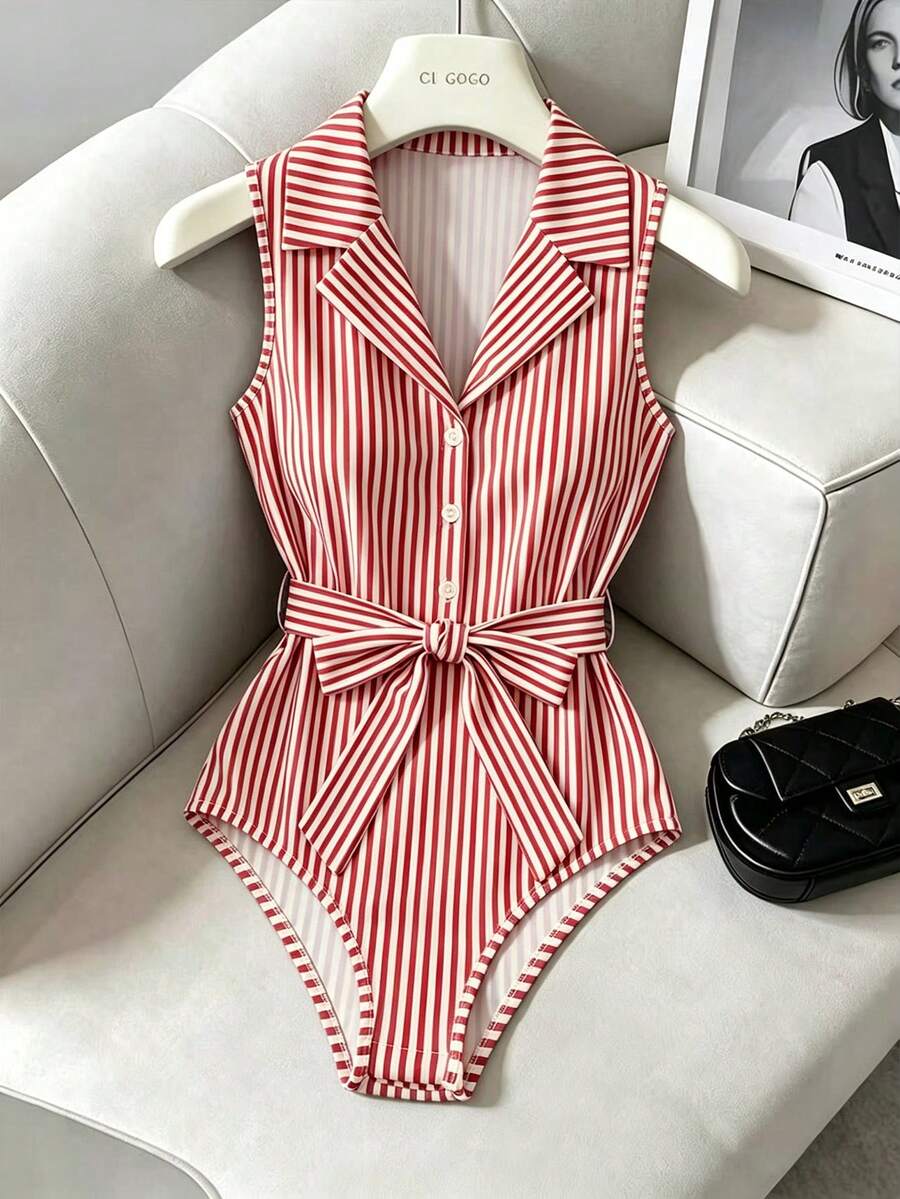 SHEIN Franclia Women's French Elegant Knit, Blue And White Striped, POLO Collar, Button-Up And Tie Design, Elegant Women's Bodysuit, Summer Women's Bodysuit, Summer Outfit, Beach Outfit, Beach Bodysuit, Outing Bodysuit, Women's Vacation Outfit, Vacation Bodysuit, Women's Casual Bodysuit, Summer Women's Bodysuit - Red - View 1
