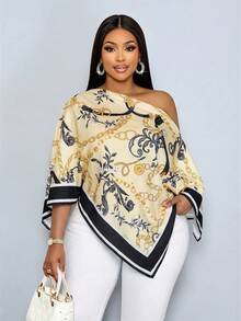 SOLERSUN Plus Size Women's Spring And Summer Fashionable, Elegant, Casual And Sexy Vacation Shirt With Half Sleeves, Raglan Sleeves, Slanted Shoulder, Off Shoulder, Asymmetrical Shoulder Hem, Asymmetric Square Scarf Hem, Woven Pink, Orange, Yellow Chain, Retro Vintage Money Positioning Print, Suitable For Daily Dressing, Shopping, Dating, Music Festivals, Island Vacation, Old Money Vacation, Holiday, Resort - Black - View 1