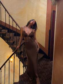 Firerie Women's Elegant Romantic Dark Brown Spaghetti Strap Lace Sexy Dress Night Out Summer Date Night - Brown - View 4