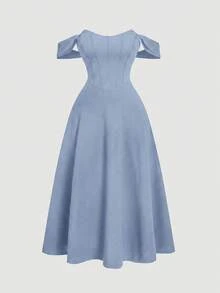 SHEIN MOD 大尺碼女款復古黑色絲綢仿魚骨圖案單肩洋裝，春/夏，晚禮服，正式洋裝，舞會禮服，黑色長洋裝，伴娘禮服，返校舞會洋裝，文藝復興風格洋裝，復古洋裝 - 藍色 - 查看 2