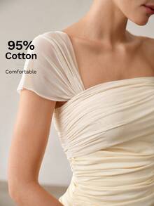 MOTF PREMIUM ASYMMETRIC SHOULDER MESH SEXY WAIST-CINCHING SLIMMING WOMEN'S TOP - Light Yellow - View 2