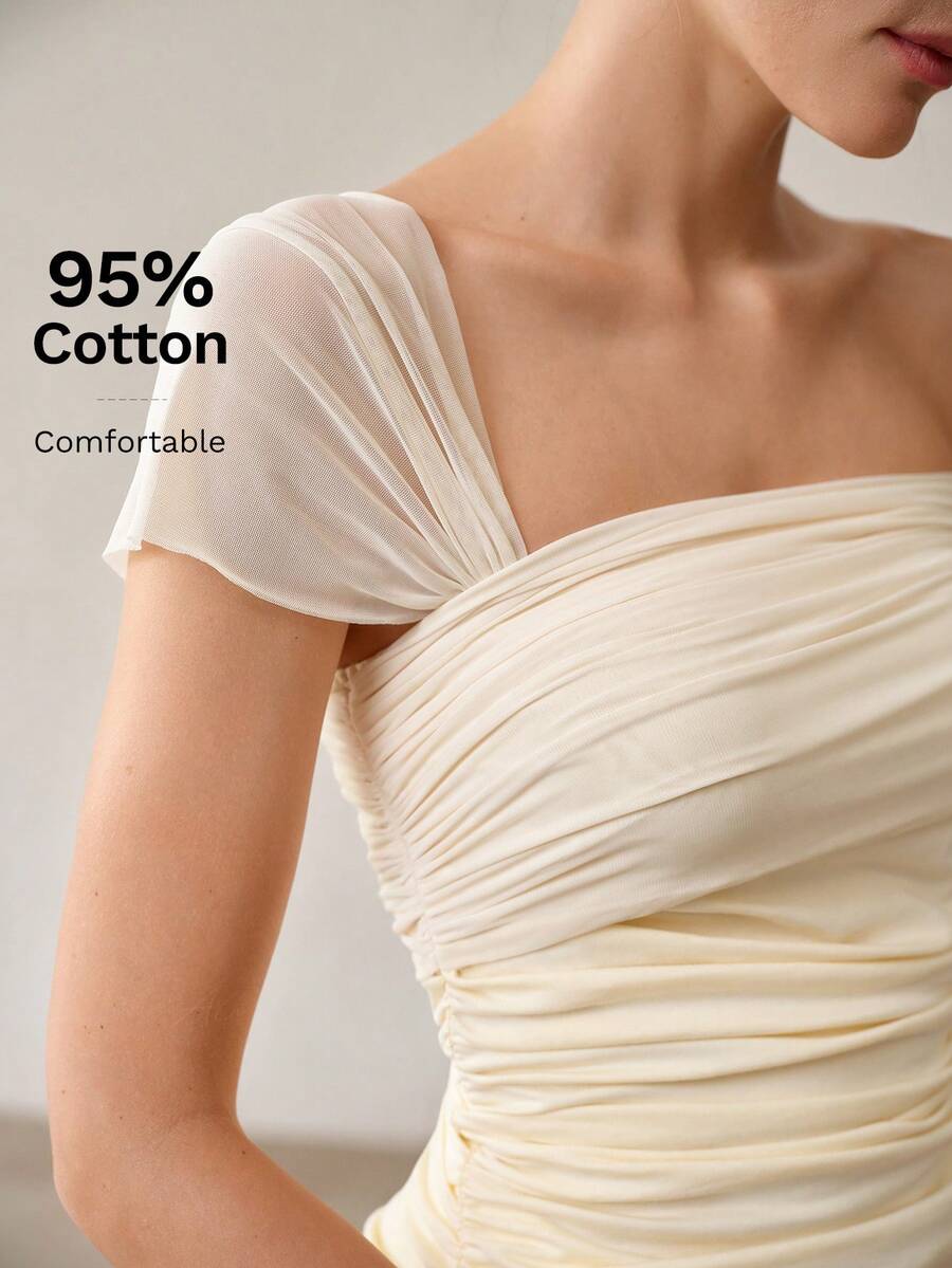 MOTF PREMIUM ASYMMETRIC SHOULDER MESH SEXY WAIST-CINCHING SLIMMING WOMEN'S TOP