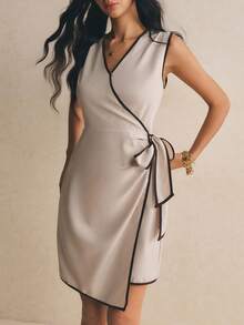 Poéselle 女款V領對比飾邊腰部打結休閒派對出遊洋裝 - 杏色 - 查看 6