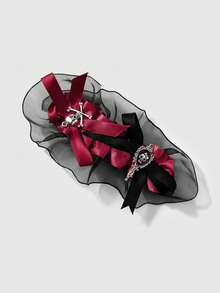 ROMWE Anime 1件Y2K甜酷辣妹暗黑風哥德黑紅「AB雙面卡」滴落骷髏魔鏡網格蝴蝶結髮夾彈簧夾馬尾夾＋古銀色愛心鬼臉蛾皇冠十字劍手工複雜多層蝴蝶結網格褶皺蕾絲透明滑蓋卡套DIY鑰匙圈包掛件組合套裝，適合上班族、學生、派對、追星、日常穿搭、節日禮物 - 黑紅色-22 - 查看 14