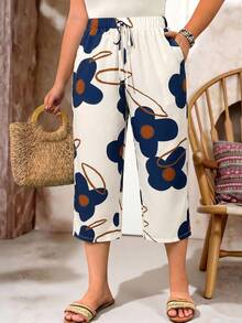 Weeklong Plus Size Abstract Floral Print Bohemian Style 3/4 Length Pants With Side Pockets, Elastic Waist, Drawstring And Side Slit Casual Wide Leg - Apricot - View 4