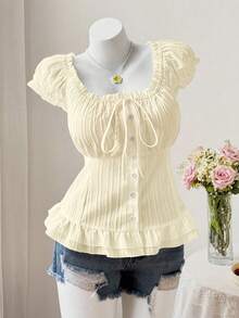 Sweetra Cute Pastoral Casual Puff Sleeve Waist-Cinched Button-Down Short Sleeve Summer Shirt - Apricot - View 1