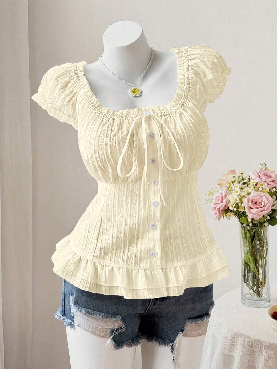 Sweetra Cute Pastoral Casual Puff Sleeve Waist-Cinched Button-Down Short Sleeve Summer Shirt - Apricot - View 1