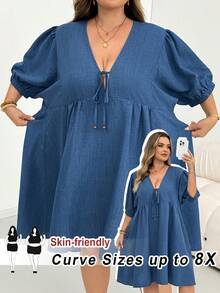 SHEIN CURVE+ V領蝴蝶結泡泡燈籠袖抓皺荷葉邊A字傘裙娃娃洋裝 中袖休閒寬鬆優雅通勤老錢風度假春夏季女款短洋裝 - 藍色 - 查看 1