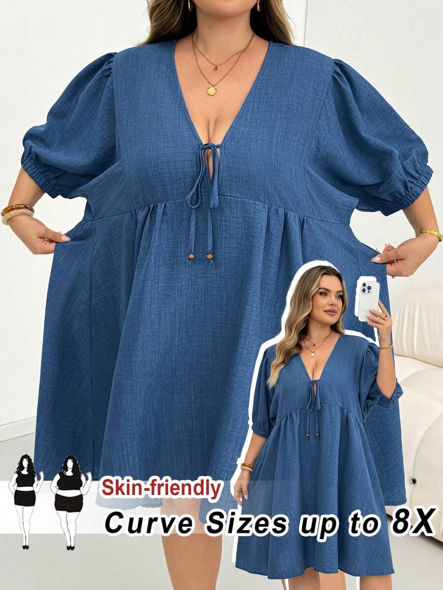 SHEIN CURVE+ V領蝴蝶結泡泡燈籠袖抓皺荷葉邊A字傘裙娃娃洋裝 中袖休閒寬鬆優雅通勤老錢風度假春夏季女款短洋裝 - 藍色 - 查看 1