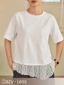 Dazy-Less Women's Lace Patchwork Solid Color Casual Round Neck Short Sleeve T-Shirt, Spring/Summer - White - View 7