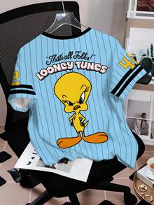 LOONEY TUNES X SHEIN 女士休闲时尚街头运动趣味可爱卡通字母数字条纹印花宽松T恤，夏季 - 白色 - 查看 2