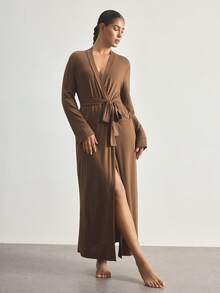 Ocili Comfortable, Smooth Cotton Robe, Extra Long Women's Sleepwear Robe, Chic Autumn Slumber - Brown - View 2
