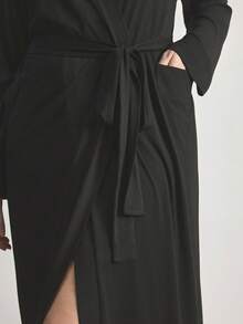 Ocili Leisure Comfortable Smooth Cotton Robe, Extra Long Chic Autumn Slumber Loungewear, Plus Size Sleepwear - Black - View 5