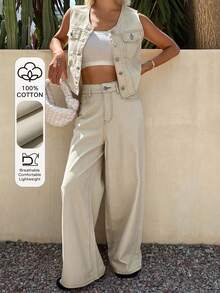 Livesso Round Neck Sleeveless Casual Top Loose Long Pants Women's Denim Set Travel Light Beige Summer - White - View 1