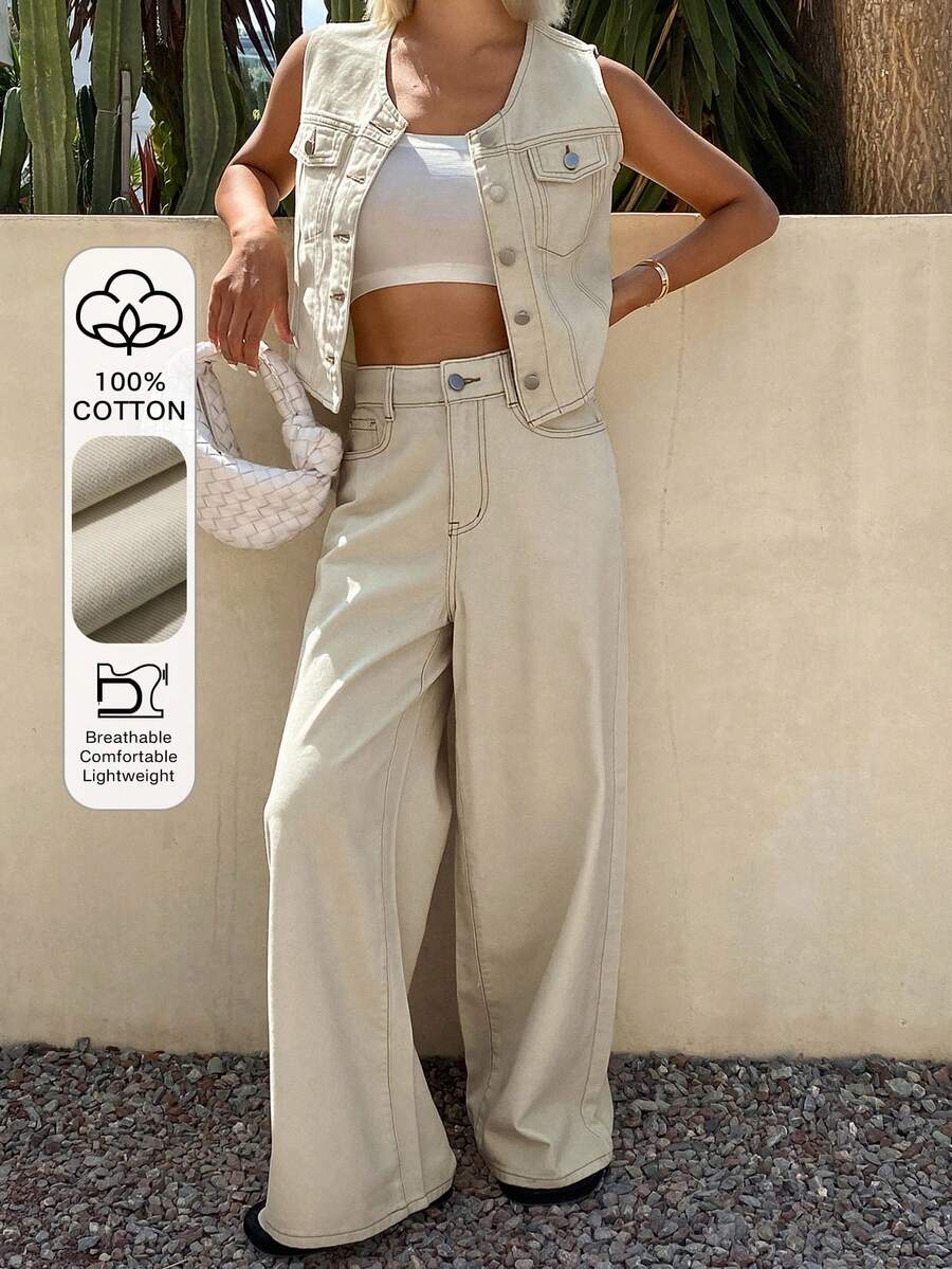 Livesso Round Neck Sleeveless Casual Top Loose Long Pants Women's Denim Set Travel Light Beige Summer - White - View 1