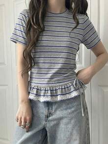DAZY Women's Summer Casual Striped Ruffle T-Shirt Back-To-School Brunch School Grey - Grey - View 6