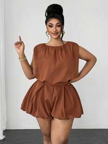 Maweii Conjunto de top sin mangas y shorts con diseño de capullo para mujer de talla grande - Marrón - Ver 4