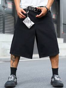 Manfinity EMRG 男士街頭風休閒刺繡黑色牛仔短褲 - 黑色 - 查看 2