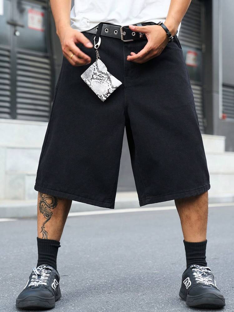 Manfinity EMRG Pantalones cortos de mezclilla negros con bordado estilo callejero casual para hombres - Negro - Añade 2