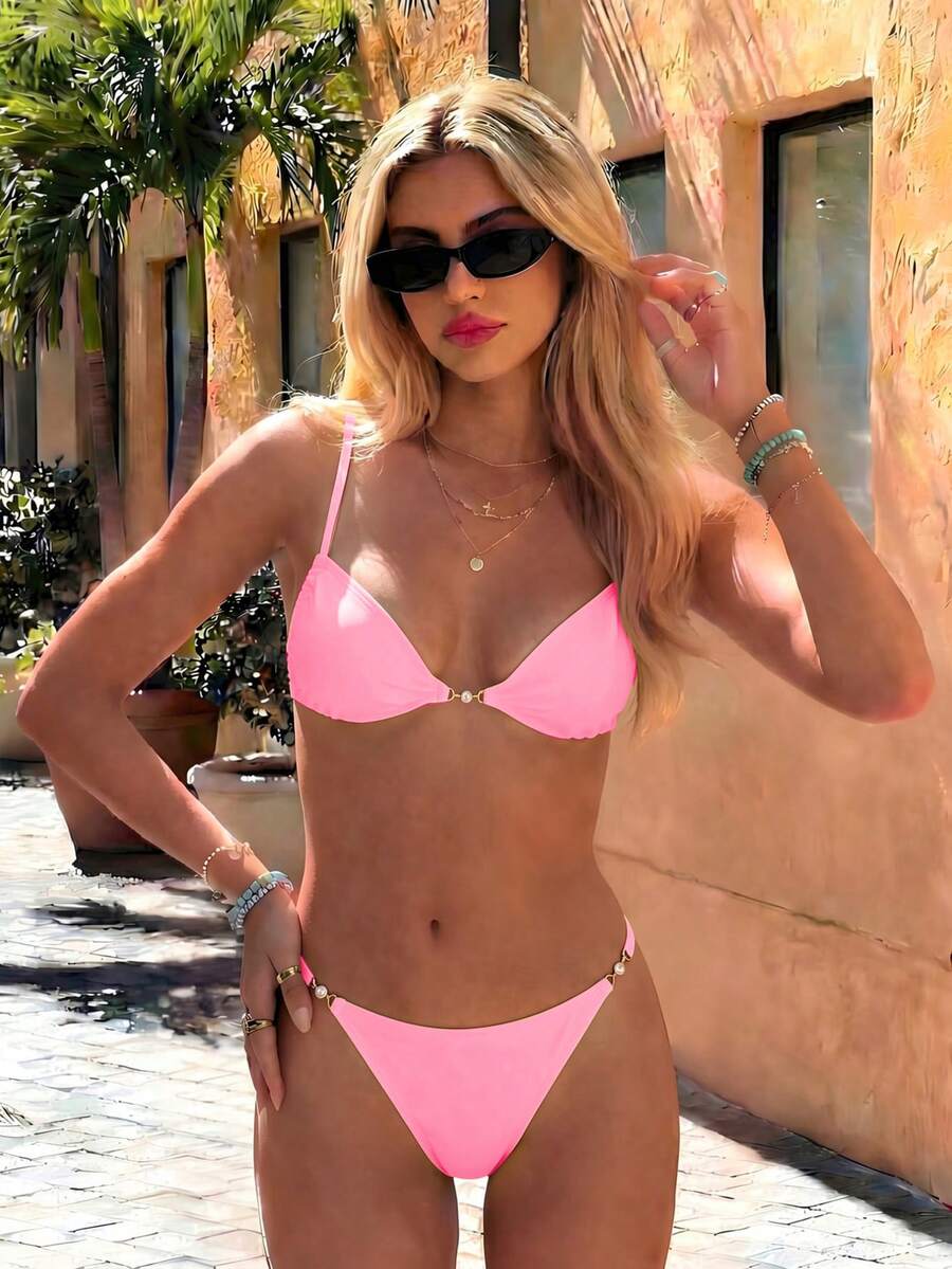 Swim Vcay 春夏女款2件式海灘時尚可愛性感度假海邊泳池派對純色珍珠掛脖露背繫帶三角上衣可調節比基尼泳褲套裝 - 粉色 - 查看 1
