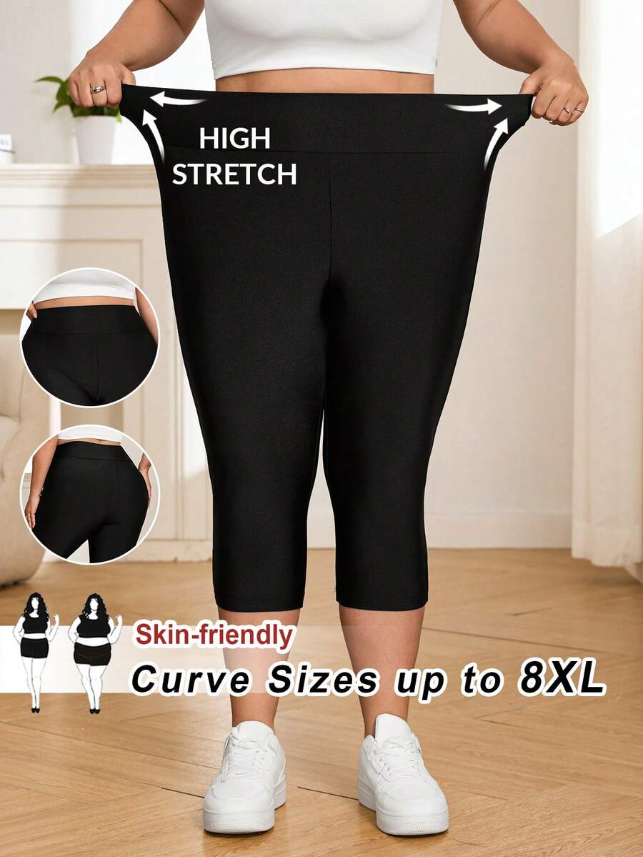 SHEIN CURVE+ Women's Super Soft Cropped Pants In Plus Size For Summer, Made Of Cool Fabric Cropped Pants Gym Brown - Black - View 1