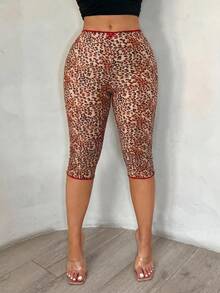 SHEIN SXY 大尺碼女款豹紋蝴蝶結裝飾七分長緊身褲 - 橘色 - 查看 3