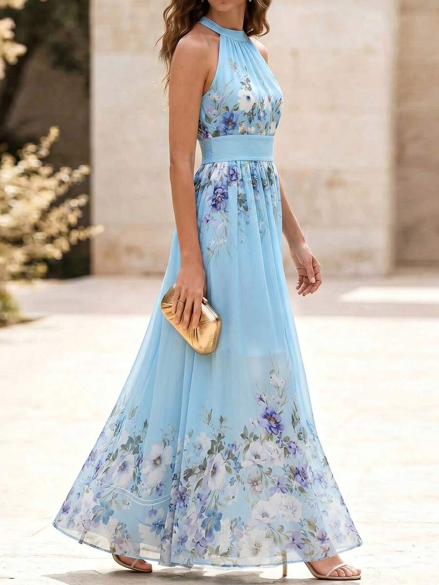 SHEIN LUNE 女士雪纺印花露背中长连衣裙,优雅度假风春夏装 - 彩色 - 查看 1