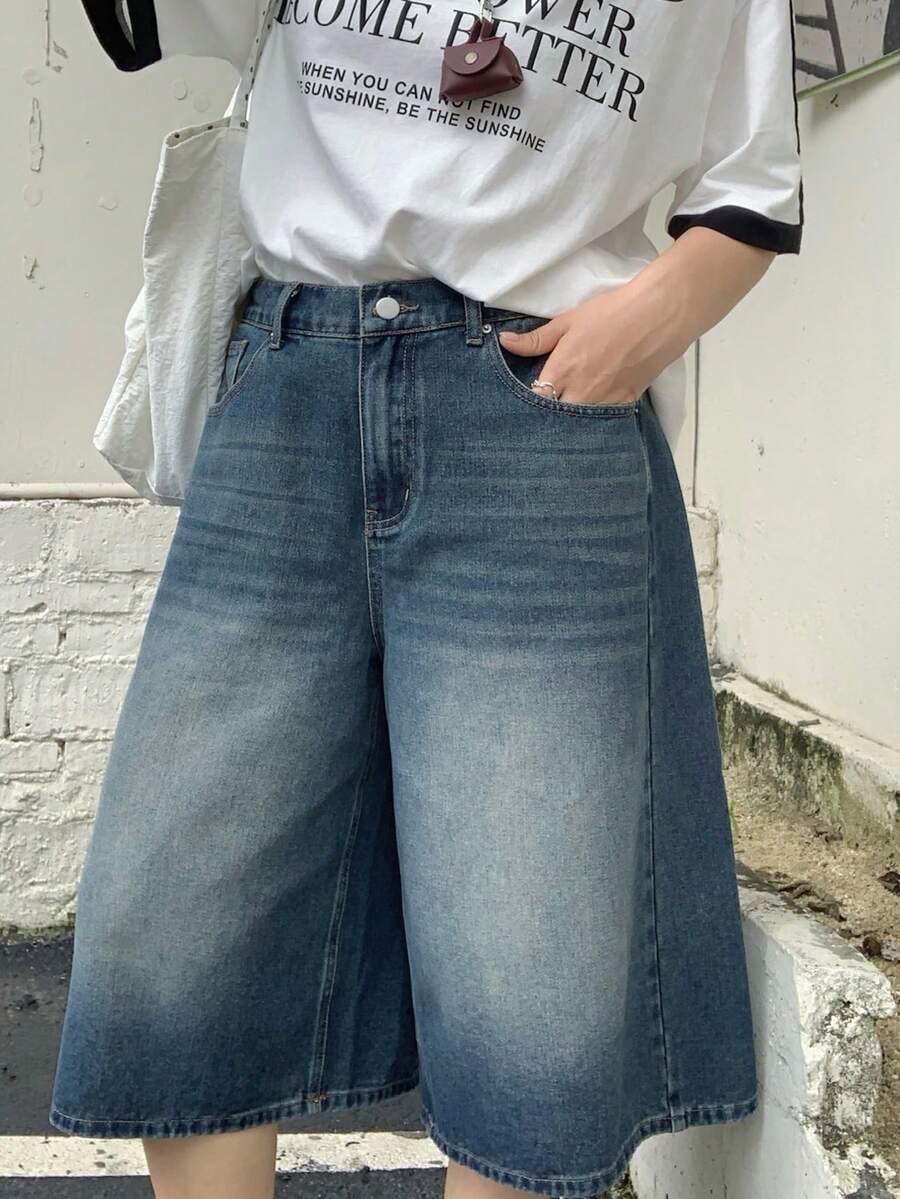 Dazy Plus 復古水洗牛仔破洞街頭風部落客休閒大尺碼女款春夏季短版牛仔褲 - 中等水洗藍 - 查看 1