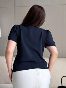 Dazy Plus Solid Color Polo Collar Fitted Short Sleeve Knit Top, Short Sleeve, Spring Summer Autumn Date Night Navy Blue Sexy - Navy Blue - View 2