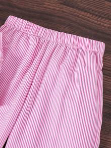 SHEIN 2件組女童休閒時尚極簡條紋布料後方抓皺細肩帶背心與條紋布料鬆緊腰寬腿長褲，寬鬆版型，舒適實用，適合秋季、春季、夏季，日常穿著、通勤、戶外玩耍、運動、學校、街頭穿搭、派對與拍照 - 粉色 - 查看 6