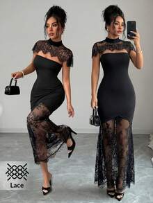 SHEIN Clasi Women's Stand Collar Contrast Lace Fitted Elegant Sexy Dress Party Dinner Date Night Black Summer - Black - View 1
