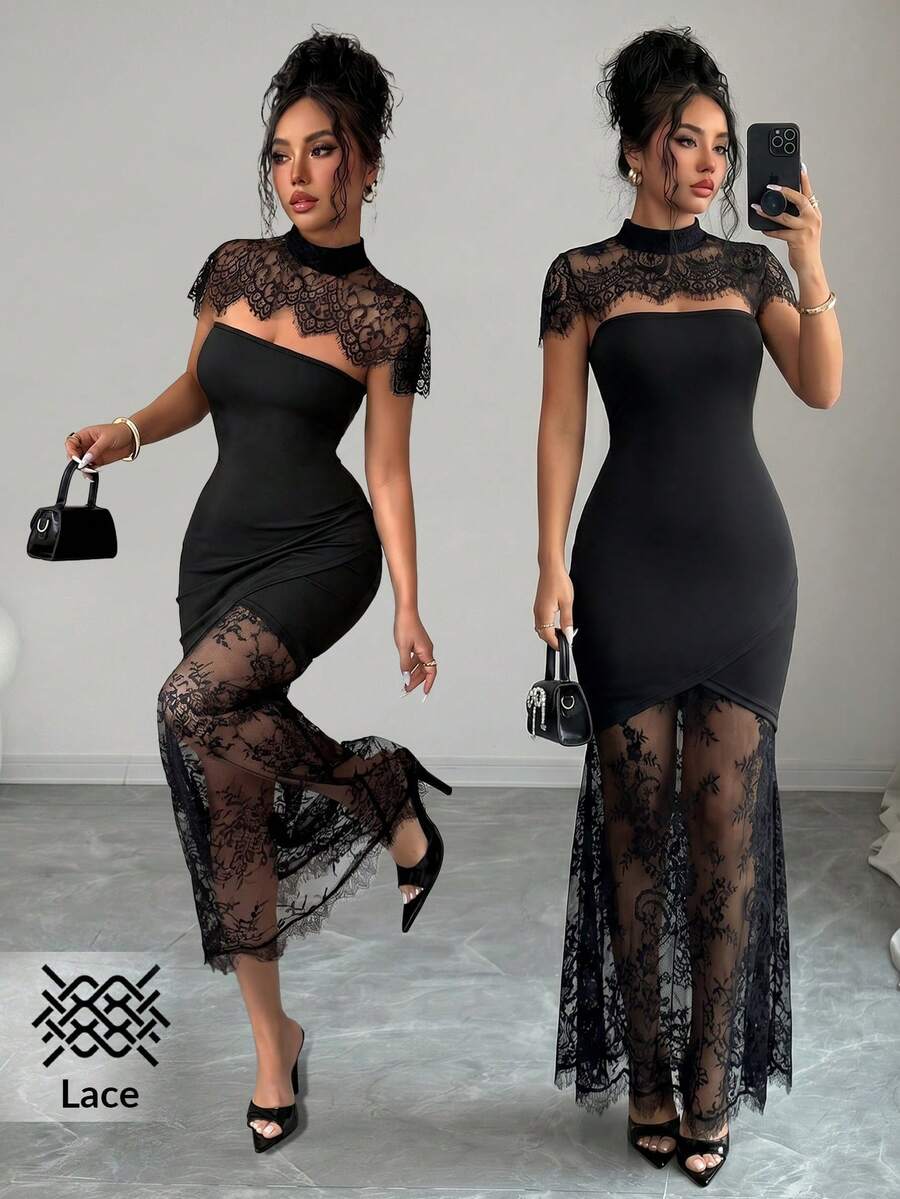 SHEIN Clasi Women's Stand Collar Contrast Lace Fitted Elegant Sexy Dress Party Dinner Date Night Black Summer - Black - View 1