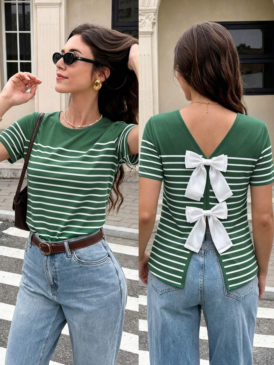 Pariaura Women's Striped Print T-Shirt With Bow Decoration On Back - Dark Green - View 1