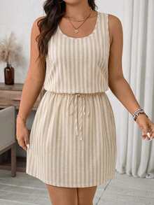 Comfylo Casual Simple Vintage Striped Pattern Print Plus Size Dress Suitable For Spring And Summer Suitable For Vacation - Multicolor - View 7