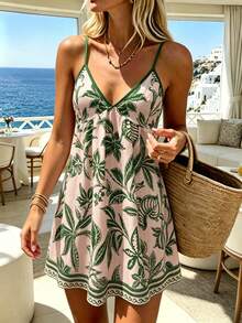 Breezaya Fashionable Vacation Style Spaghetti Strap V-Neck Polka Dot Print Cinched Cinched Waist Dress - Multicolor - View 4